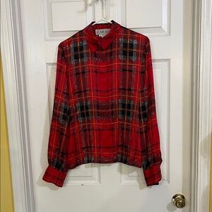 Vintage Carlisle Red and Black Plaid 100% silk Shirt size 8